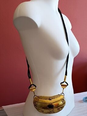Vintage  Rare Design EXART Hand Made In Mexico Brass Bag  Black Cord  Shoulder